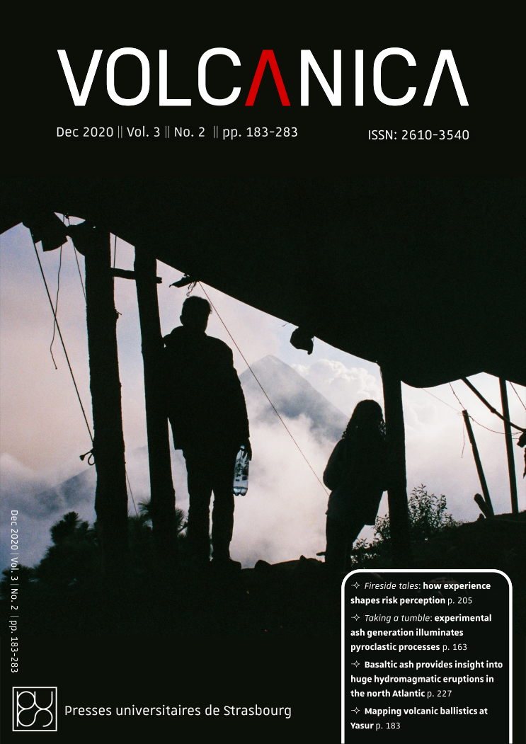 Front cover of Volcanica 3(2): Two figures overlooking Volcán de Fuego, Guatemala. Original image by Jacob Travers via Unsplash.