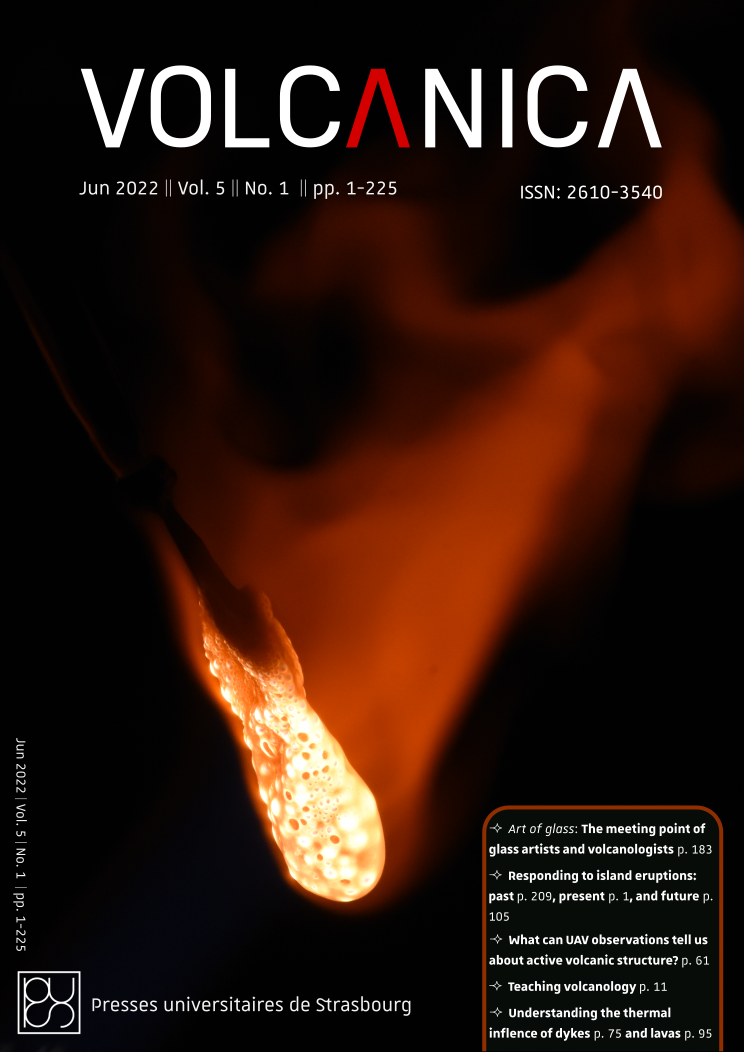 Front cover of Volcanica 5(1): Front cover of Volcanica 4(2): Bubbles growing in obsidian under an oxy-propane torch flame. Image by Fabian Wadsworth, glasswork by Zoe Garner.